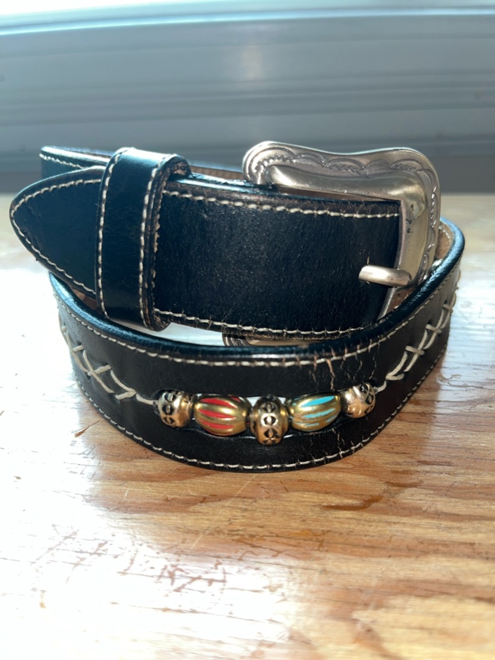 Brighton Dark Brown Leather Belt with Decorative Beads S